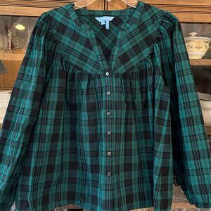 Draper James Black and Green Plaid Bibbed Top- ADORABLE!  Size Medium